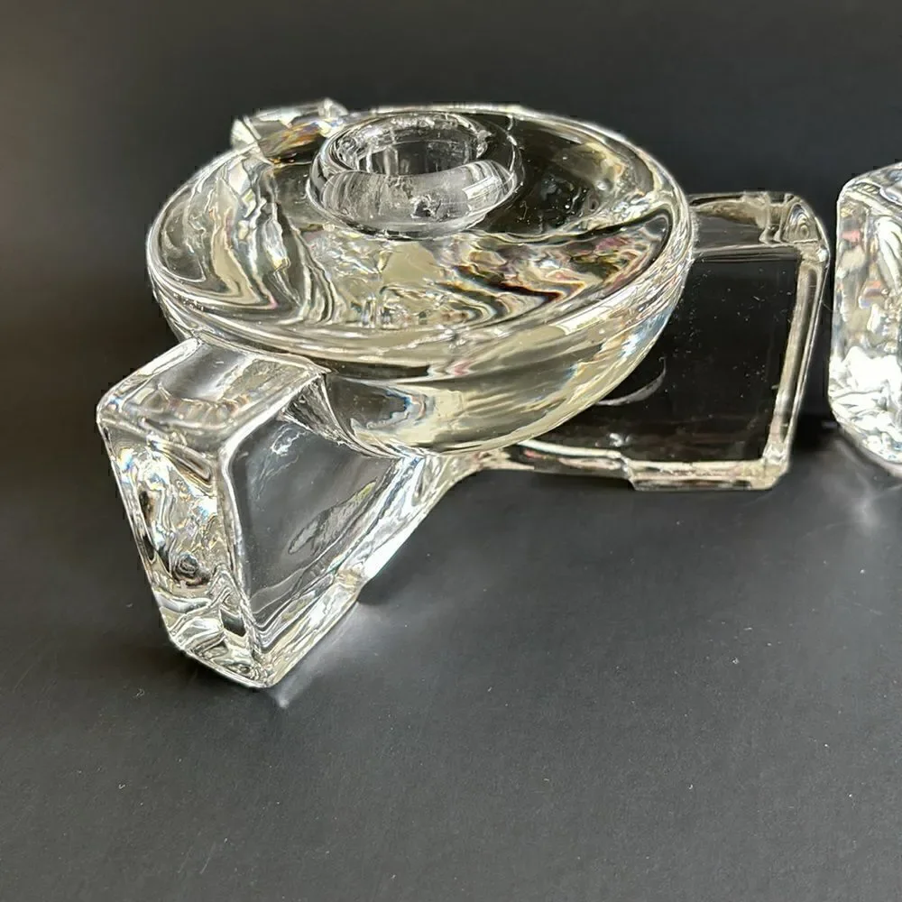 Vintage Heavy Clear Glass 3 Footed Round Candle Holders Set of 2 Art Deco Style